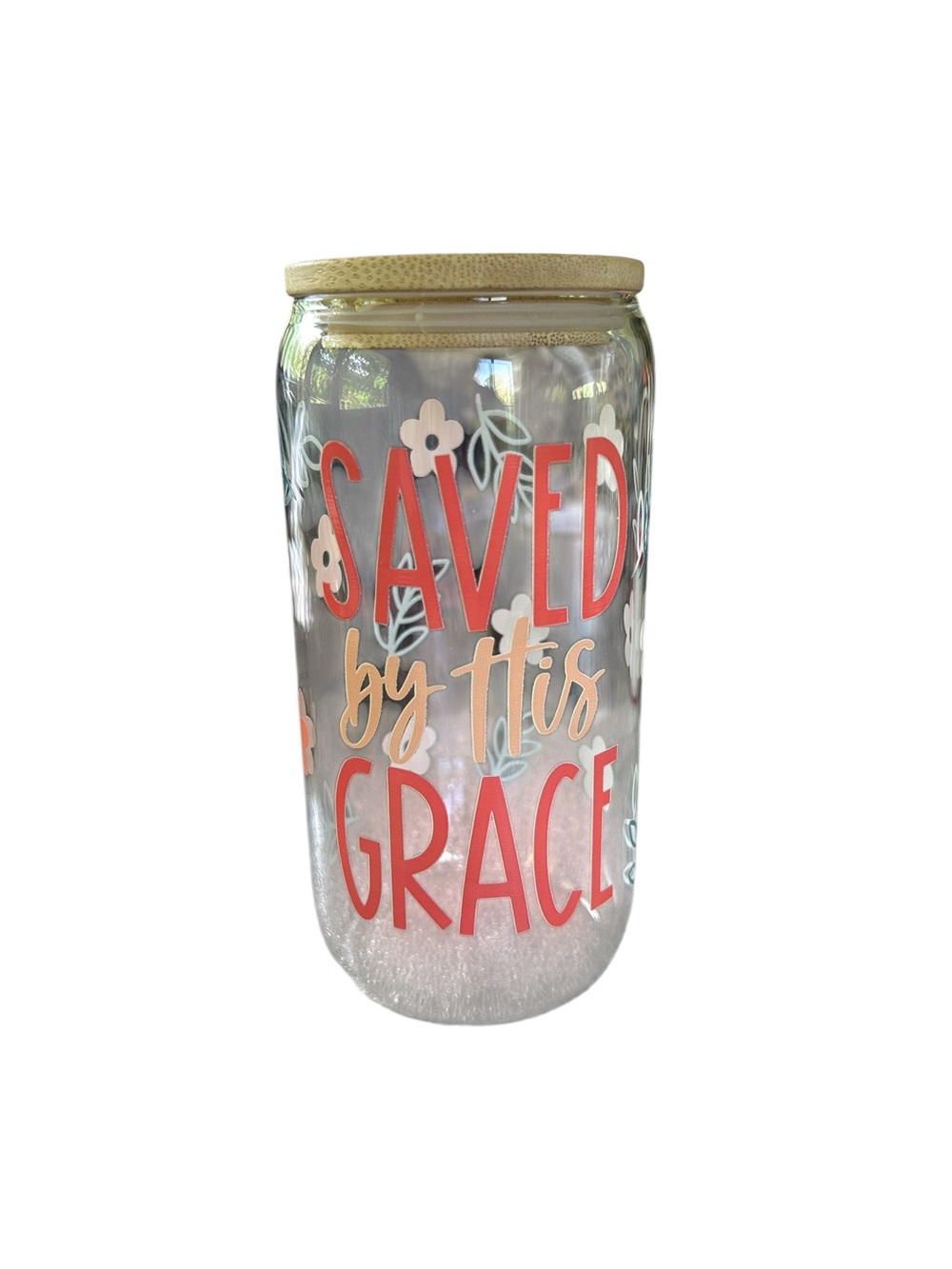 Saved By His Grace Glass Jar with Lid - Coral & Cream Floral Design